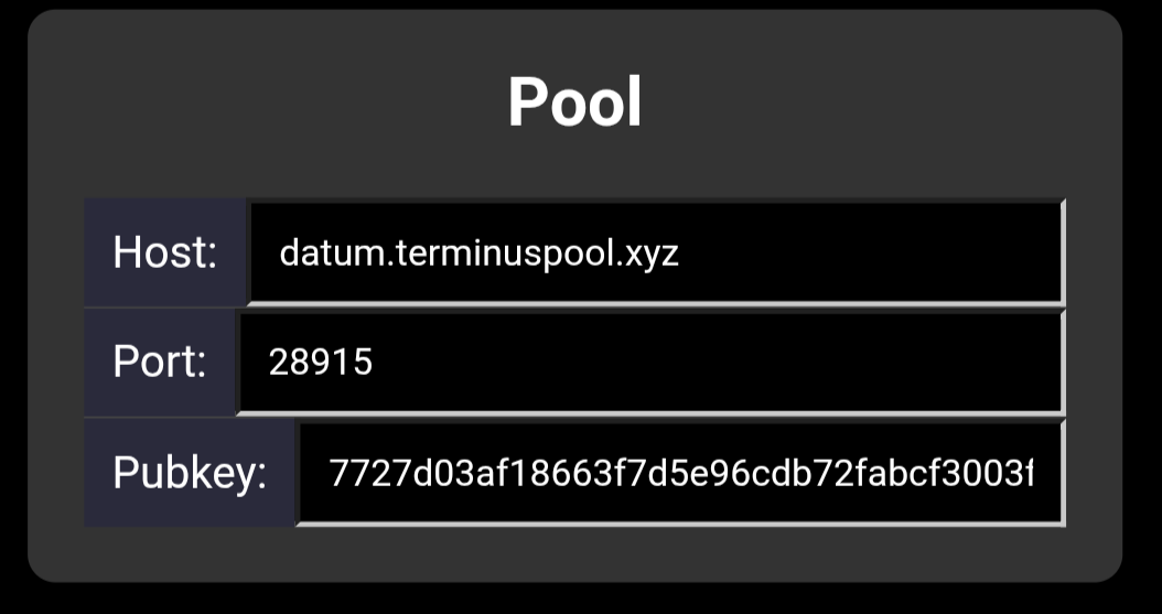 Example DATUM pool settings showing Host datum.terminuspool.xyz, Port 28915, and the Pubkey field.